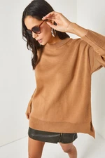 Olalook Women's Camel Crew Neck with Side Slits Oversized Thick Knitwear Sweater