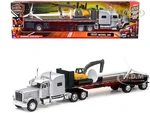 Peterbilt 389 Truck with Flatbed Trailer Silver Metallic with Excavator and Wind Turbine "Long Haul Truckers" Series 1/32 Diecast Model by New Ray