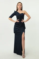 Lafaba Women's Navy Blue One-Sleeve Glittery Long Evening Dress.