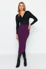 Trendyol Purple Smart Crepe with Belt Detailed Fleece Pocket Midi Pencil High Waist, Flexible Knitted Skirt