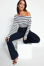 Trendyol Navy Blue Striped Premium Soft Fabric Fitted/Situated Boat Collar Knitted Blouse