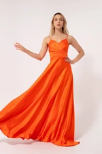 Lafaba Women's Orange Long Satin Evening Dress & Prom Dress with Thread Straps and Waist Belt