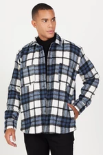 AC&Co / Altınyıldız Classics Men's Indigo-black Oversize Wide Cut Buttoned Collar Pocket Checkered Lumberjack Winter Shirt Jacket