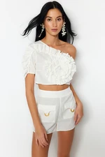 Trendyol Ecru Crop Weave Ruffled One-Shoulder 100% Cotton Blouse