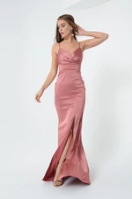 Lafaba Women's Salmon Straps and a Slit Long Satin Evening Dress Prom Prom.