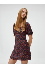 Koton Floral Dress Mini Balloon Sleeves Square Neck Draped