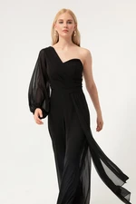 Lafaba Women's Black One Sleeve Belted Evening Dress Jumpsuit