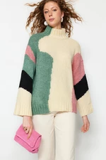 Trendyol Beżowy Miękki Teksturowany Sweter Z Dzianiny Blokowej Kolorów