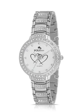 Polo Air Luxury Stone Heart Patterned Women's Wristwatch Silver Color