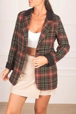 armonika Women's Tile Collar Detailed Plaid Oversize Cachet Jacket