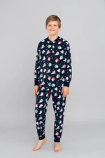 Children's jumpsuit for older children, long sleeves, long pants - dark blue print