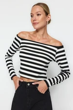 Trendyol Black Striped Carmen Collar Fitted/Slippery Knitted Blouse