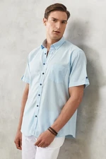 AC&Co / Altınyıldız Classics Men's Light Blue Comfort Fit Linen-Look 100% Cotton Short-Sleeved Shirt.