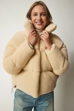 Happiness İstanbul Women's Cream Stand Up Collar Fluffy Down Jacket