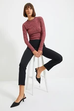 Trendyol Plum Patterned Fitted/Simple Crew Neck Crop Flexible Knitted Blouse