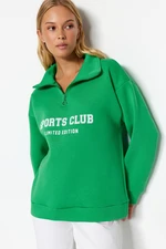 Trendyol Green Oversize/Wide Fit With Slogan, Zipper Stand-Up Collar Thick Fleece Inner Sweatshirt