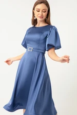 Lafaba Women's Indigo Mini Satin Evening Dress with Balloon Sleeves and Stones and a Belt.