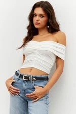 Cool & Sexy Women's Ecru Madonna Collar Gathered Crop Top RLO74