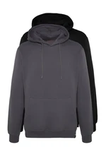 Trendyol Black-Grey Men's 2-Pack Basic Regular/Normal Cut Hoodie with Soft Pillows Sweatshirt.