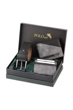 Polo Air pánská šedá černá sada kombinace pásku, peněženky a držáku na karty