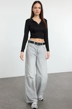 Trendyol Black Plain Polo Collar Crop Knitted Blouse