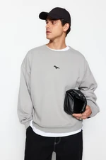 Trendyol Grey Crew Neck Oversize/Wide Cut Fleece Inside/Warm Dinosaur Embroidery Sweatshirt