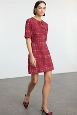 Trendyol Burgundy Plaid A-Line Bow Detailed Mini Woven Tweed Dress