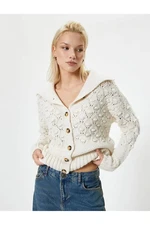 Koton Knitwear Knitted Cardigan Openwork Long Sleeve Stand Collar Buttoned