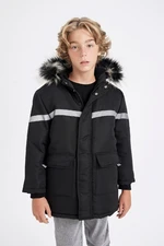 DEFACTO Boys Detachable Faux Für Collar Hooded Plush Lined Parka