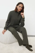 Trendyol Khaki Tie Detailed Stand Collar Ribbed Knitted Pajama Set