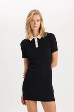 DEFACTO A-Line Polo Neck Basic Plain Ribbed Look Viscose Short Sleeve Mini Dress