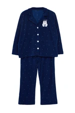 Trendyol Curve Navy Blue Polka Dot Shirt Collar Knitted Pajama Set