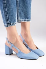 Mio Gusto Belinda Blue Color Open Back Denim Fabric Blunt Toe Women's Heeled Jeans Shoes