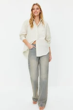 Trendyol Dark Beige Single Pocket Boyfriend Woven Cotton Shirt