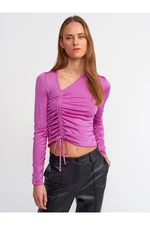 Dilvin 10364 Side V Front Gathered Sweater-fuchsia