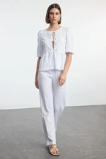 Trendyol White Textured Fabric Lacing Detailed Balloon Sleeve Woven Blouse-Pants Set