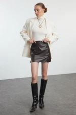 Trendyol Brown Faux Leather Slit Mini Skirt