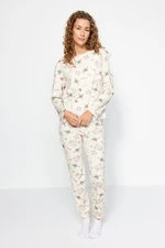 Trendyol Cream 100% Cotton Christmas Patterned Tshirt-Jogger Knitted Pajama Set