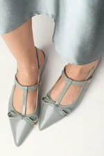 Mio Gusto Tulip Genuine Patent Leather Nile Green Color Open Back Women's Low Heel Shoes