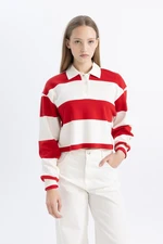 DEFACTO Cool Crop Striped Long Sleeve Polo T-Shirt