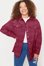 Trendyol Curve Burgundy Tweed Plaid/Checked Pocket Woven Plus Size Shirt