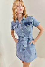 Bianco Lucci Women's Belted Snap Button Denim Dress