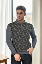 29477 Dewberry Zippered Polo Collar Mens Sweater-GREY