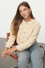 Trendyol Stone Gold Buttoned Plush Crop Knitted Cardigan