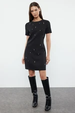 Trendyol Black Shift/Plain Pattern Stone Embroidered Mini Woven Dress