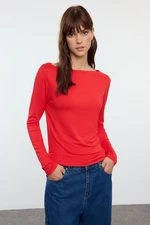 Trendyol Red Fitted Long Sleeve Bateau Neck Viscose Stretchy Knitted Blouse