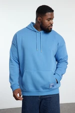 Trendyol Blue Plus Size Basic Comfortable Hooded Labeled Polar Fleece Inside Cotton Sweatshirt