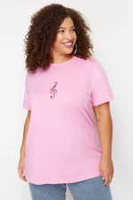 Trendyol Curve Pink Wide Pattern Knitted Embroidery T-Shirt