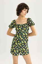 DEFACTO Sweetheart Neckline Lemon Patterned Short Sleeve Mini Jumpsuit