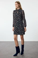 Trendyol Navy Blue Shawl Patterned Straight Cut Mini Lined Woven Winter Dress